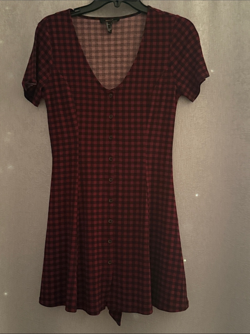 Forever 21 Burgundy Plaid V-Neck Button-Front Tie Waist Mini Dress